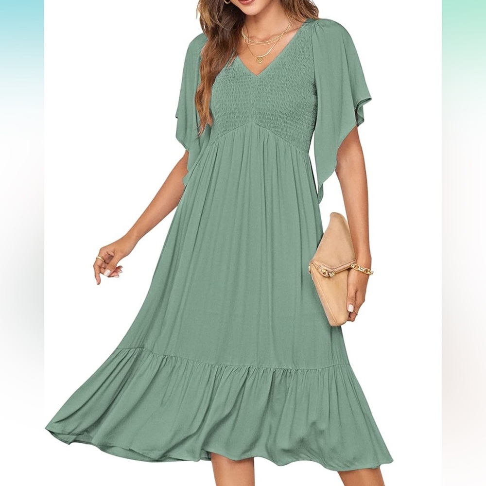 🎀 NWT PYGFEMR Womens Summer Empire Waist Dress Smocked Short Sleeve V Neck Midi